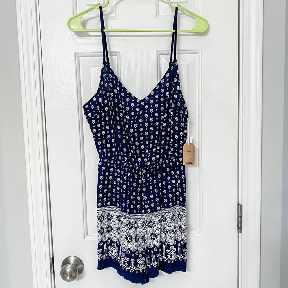 GARAGE • Navy + White Floral Back Tie Romper w/ Pockets